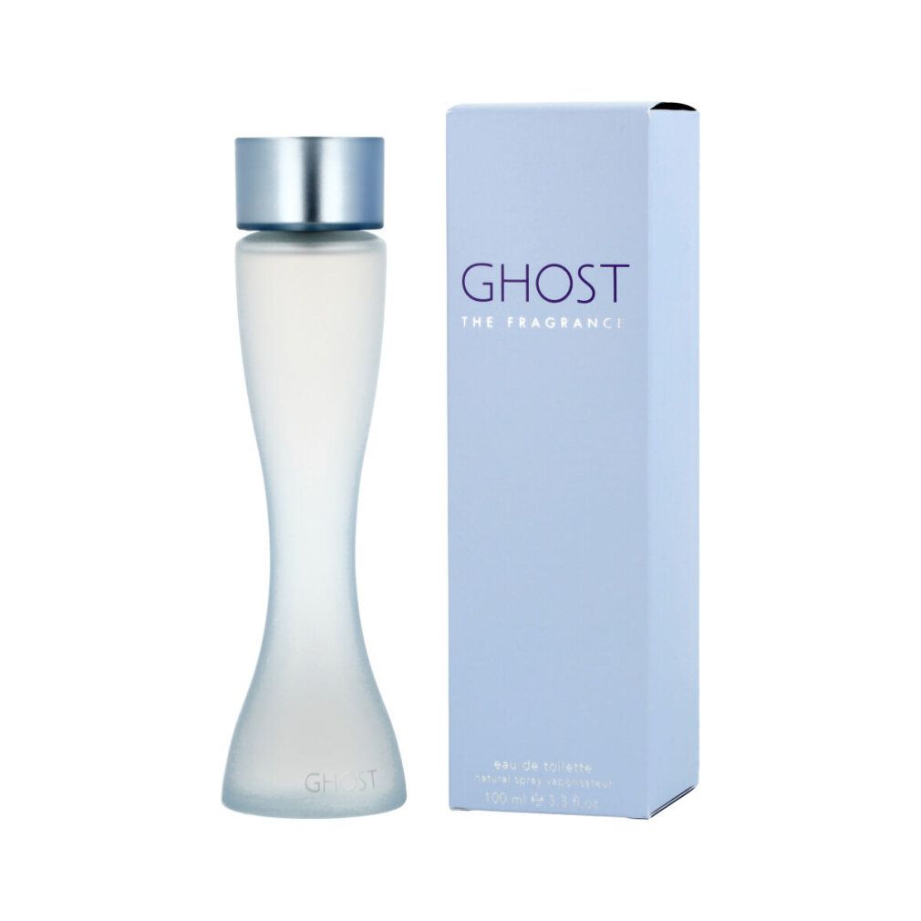 Hellblaue Flasche mit silbernem Deckel und Schriftzug GHOST. Daneben eine hellblaue Verpackung mit GHOST-Logo.