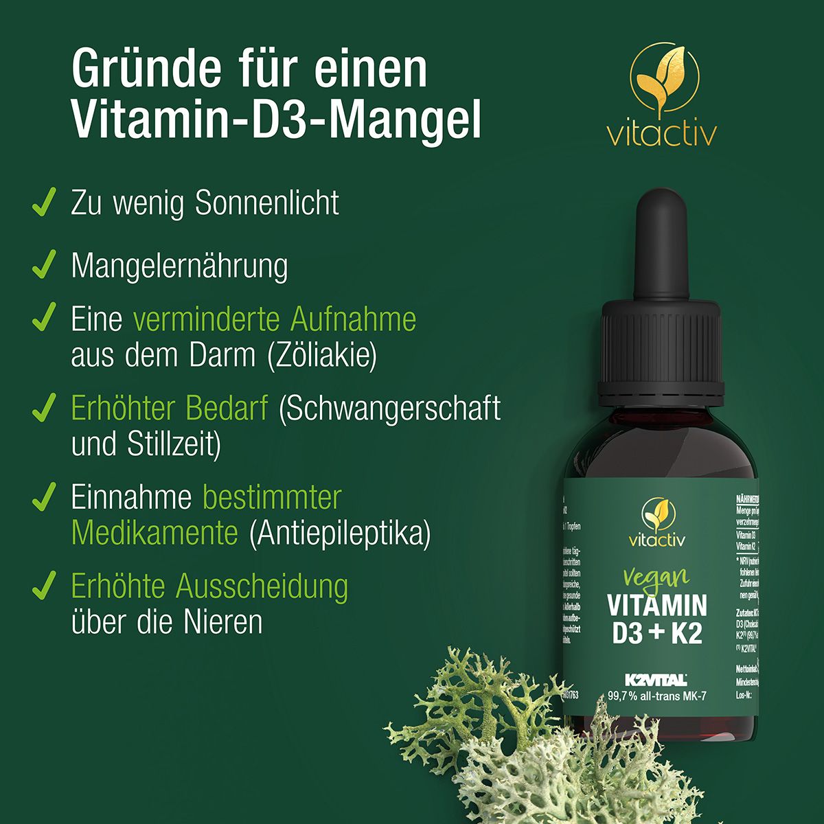 Grüne Infografik mit Text und Flasche. Text: Gründe für Vitamin-D3-Mangel. Flasche: vegan Vitamin D3 + K2. K2VITAL. Mit grünen Blättern.