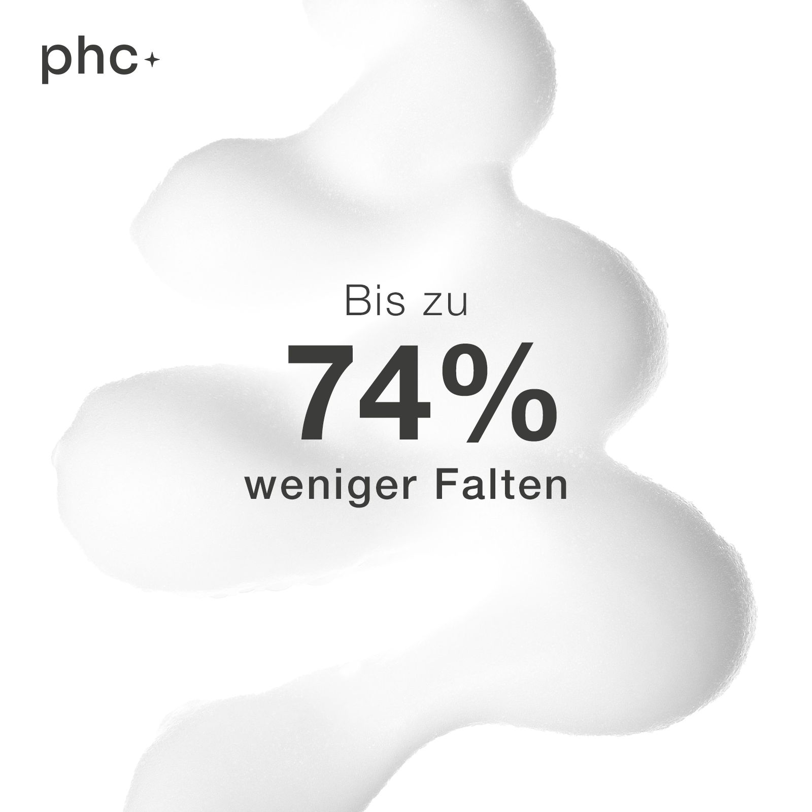 Weißer, wellenförmiger Hintergrund mit Text: "Bis zu 74% weniger Falten". Logo "phc+".