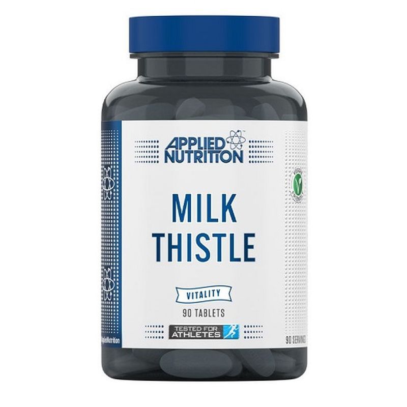 Dunkle Flasche mit blauem Deckel. Auf dem Etikett steht "Applied Nutrition Milk Thistle". Enthält 90 Tabletten. Mit Vegan-Siegel.