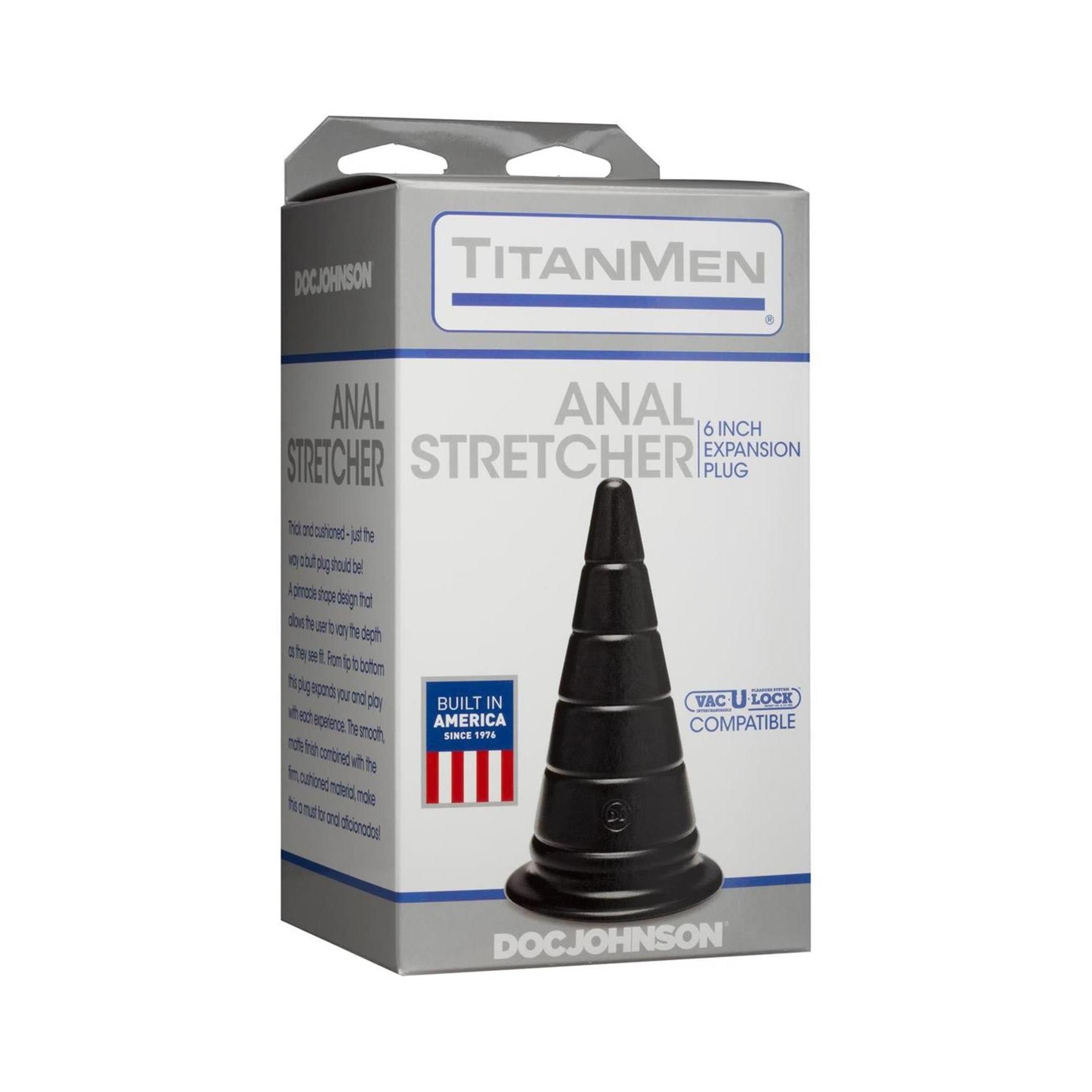Schwarzer Anal-Stretcher-Plug in Verpackung. Konische Form mit Stufen. Aufschrift: ANAL STRETCHER, 6 inch Expansion Plug. Marke: Doc Johnson.
