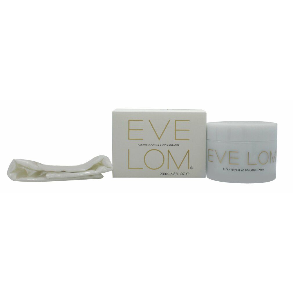 Weißes Tiegel, Karton und Tuch. Auf dem Tiegel und Karton steht "EVE LOM". Auf dem Karton steht "CLEANSING CREAM".