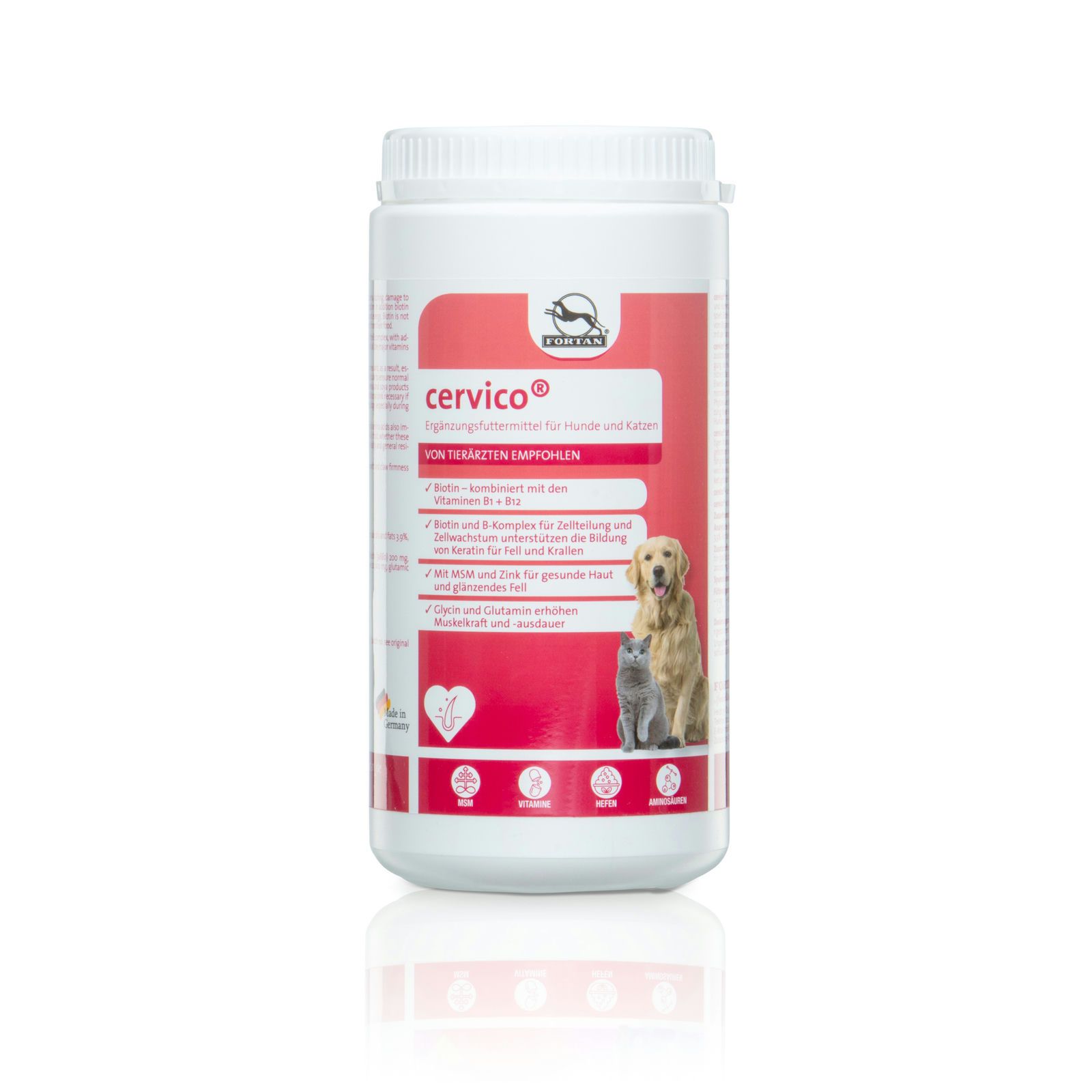 Weißes Ergänzungsfuttermittel-Behälter mit roter Beschriftung. Text: Cervico, Logo, Hunde- und Katzenabbildung.