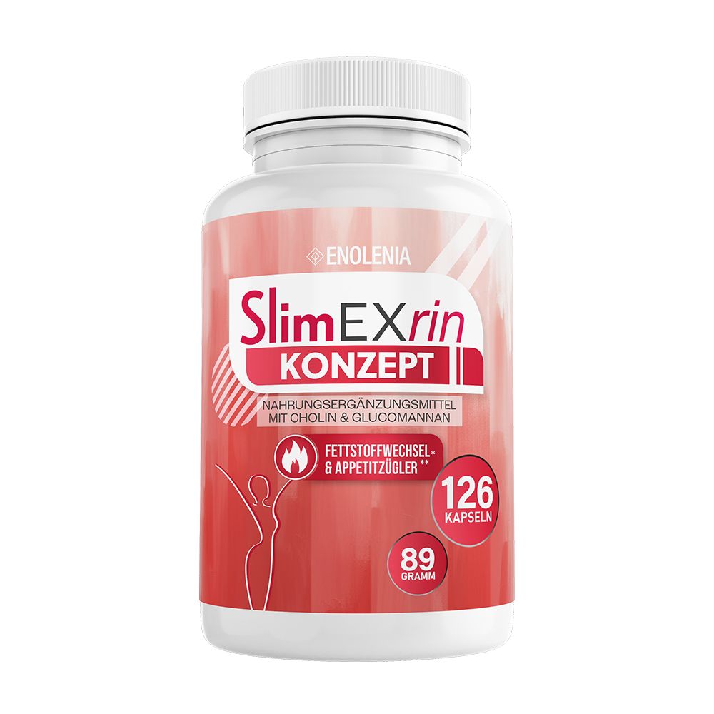 Weiße Flasche mit roten Etikett. Aufschrift: SlimEXrin Konzept, 126 Kapseln, 89 Gramm. Nahrungsergänzungsmittel.