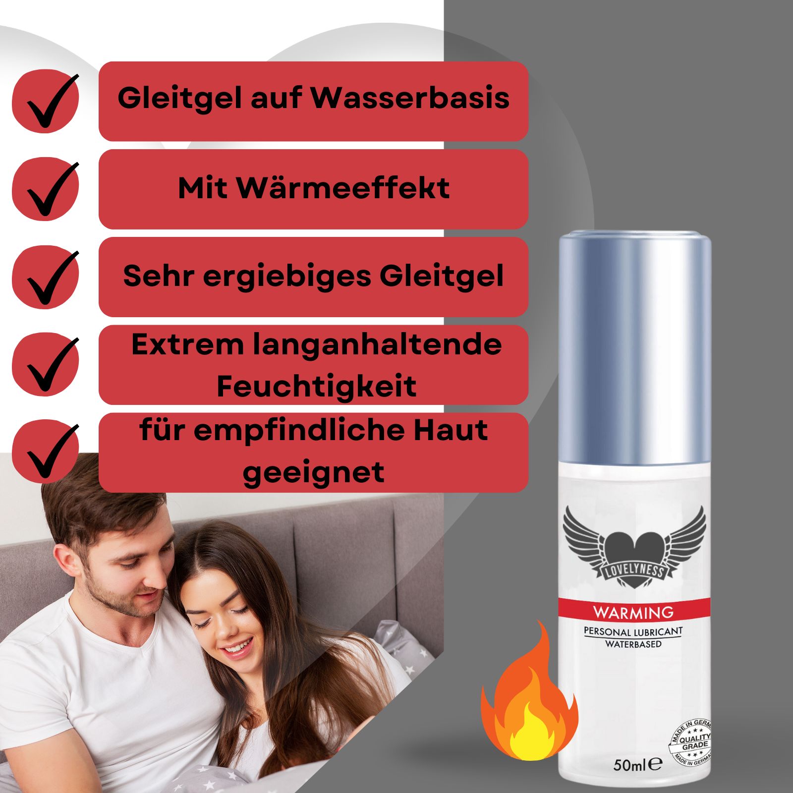 Gleitgel-Flasche mit roter Schrift. Text: Warming, Personal Lubricant, Waterbased. Flammen-Symbol. 50ml.
