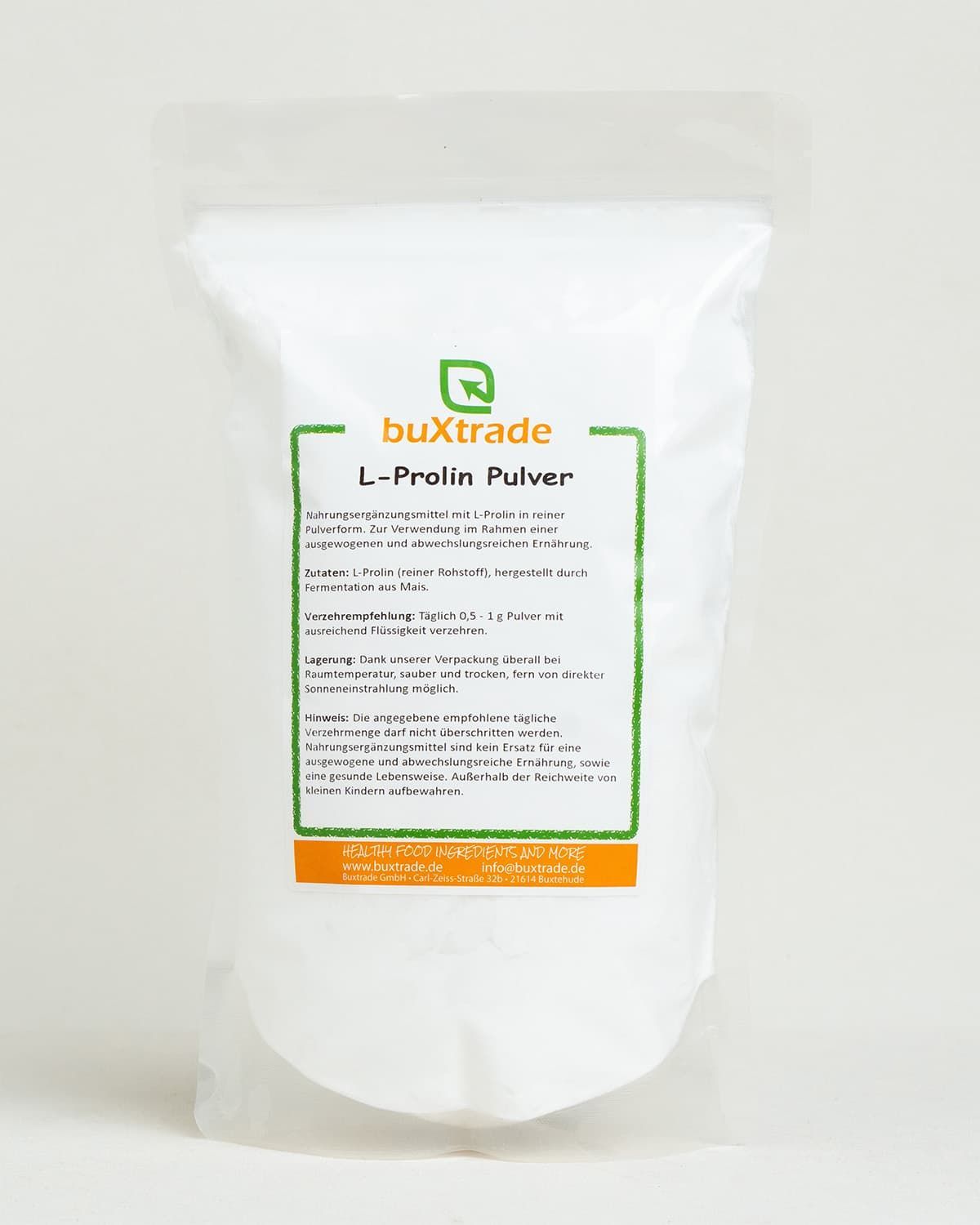 Verpackung mit L-Prolin Pulver. Enthält Informationen zu Inhaltsstoffen und Anwendung.