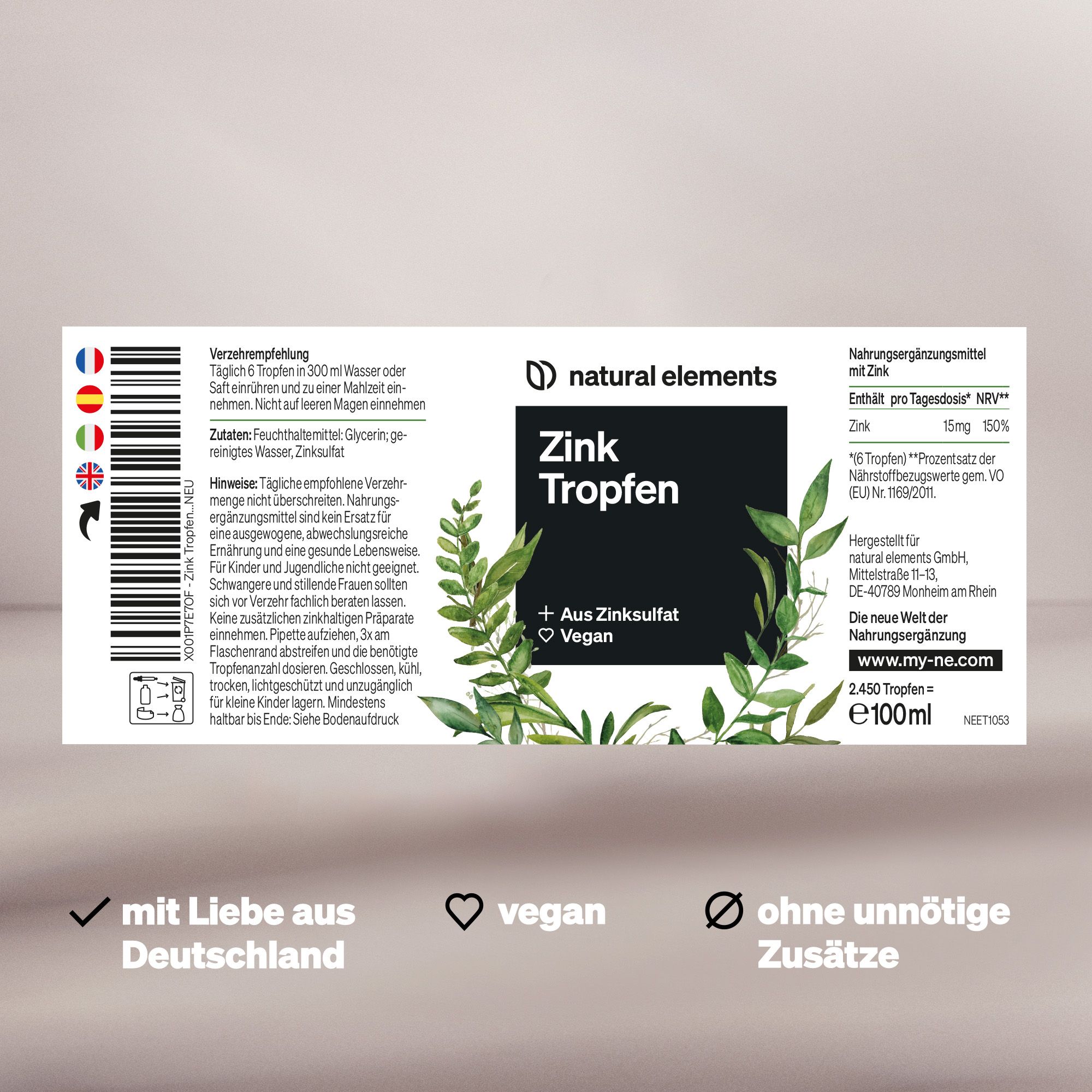 natural elements Zink Tropfen – 100ml – 15mg/Tagesdosis – Ionisches Zink (Zinksulfat) – Ohne Alkohol