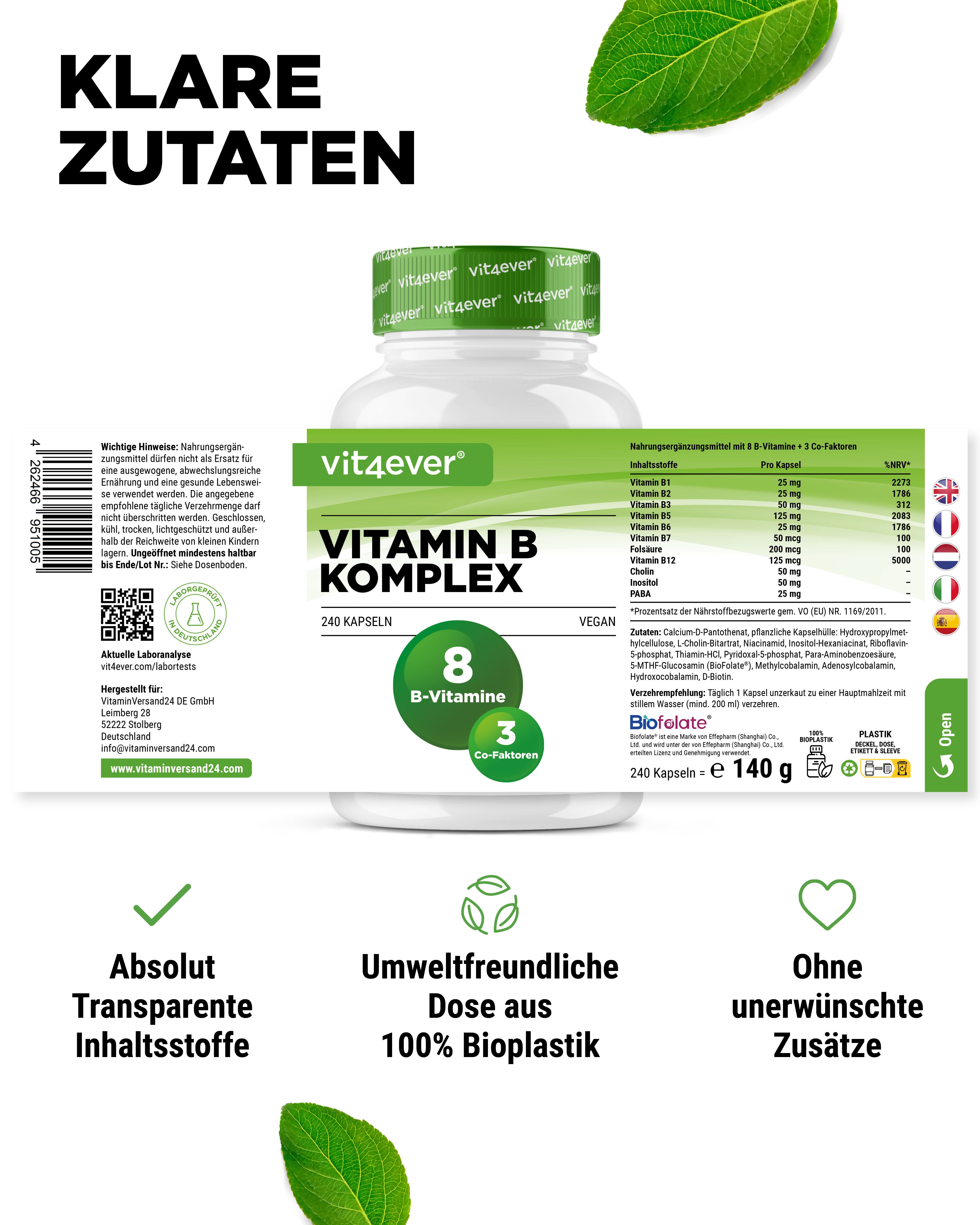 Vit4ever Vitamin B Komplex Flasche. 240 Kapseln. Vegan. 8 B-Vitamine und 3 Co-Faktoren. Aufschrift: Klare Zutaten. 100% Bioplastik.