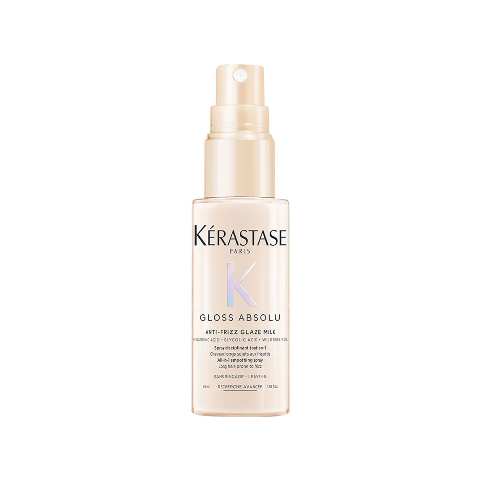 Kérastase Gloss Absolu Anti-Frizz Glaze Milk. Beige Flasche mit Sprühkopf. Produktname und Marke auf der Vorderseite.