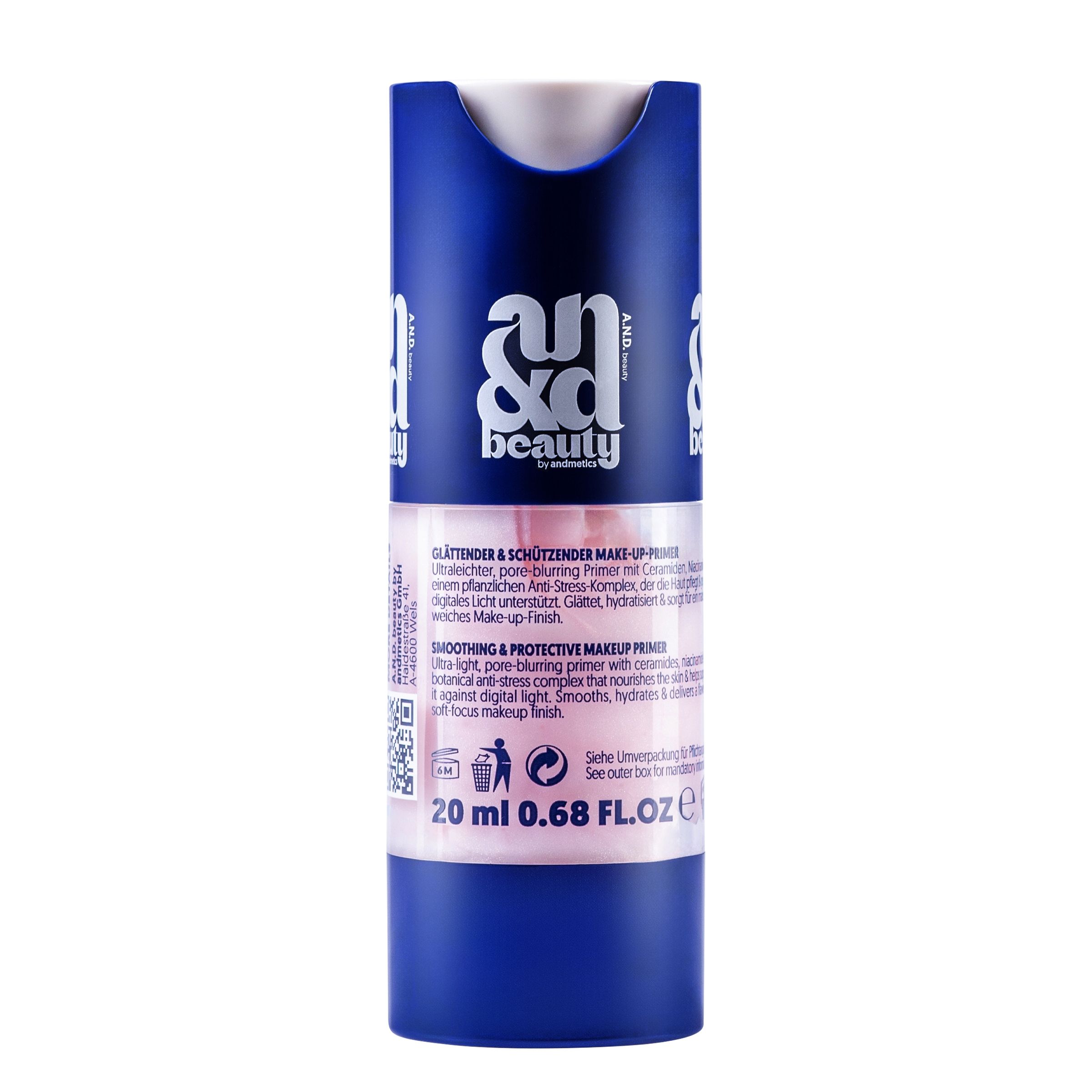 Rückseite des A.N.D.beauty Blue Light Shield Ultimate Primers. Enthält Text, QR-Code und 20 ml Inhalt.