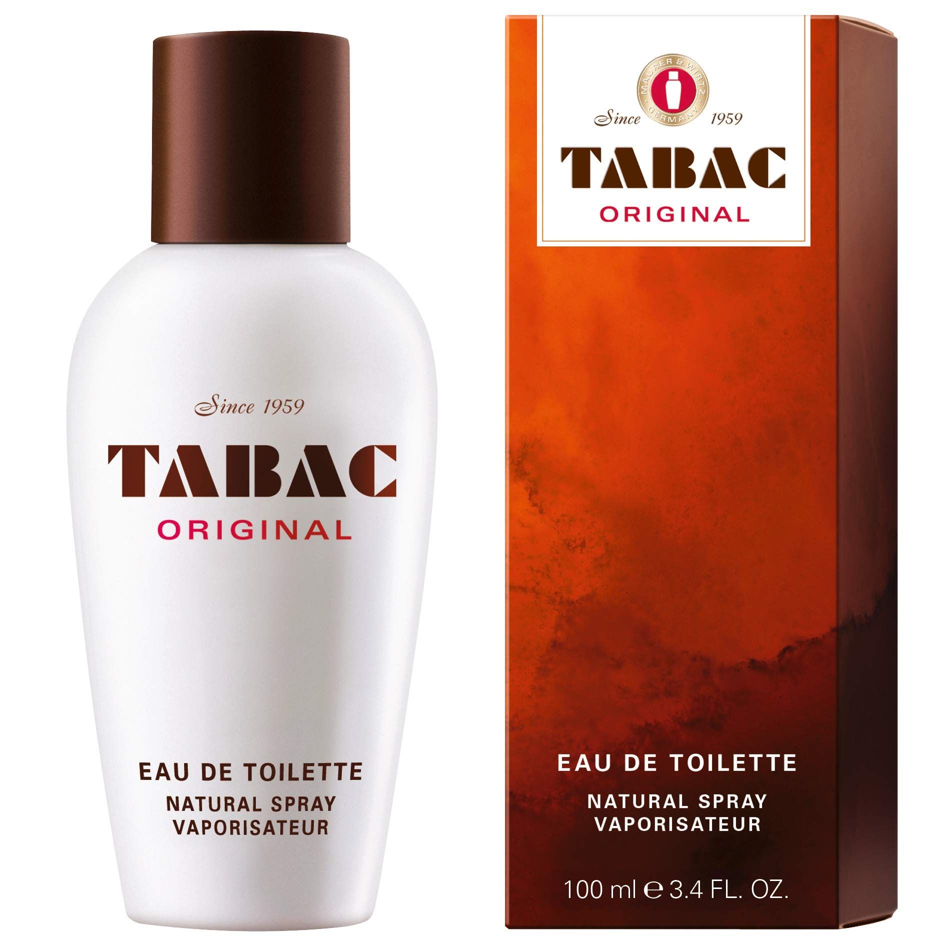 Weiße Flasche mit braunem Deckel und Verpackung. Tabac Original Schriftzug. Eau de Toilette Natural Spray Vaporisateur.