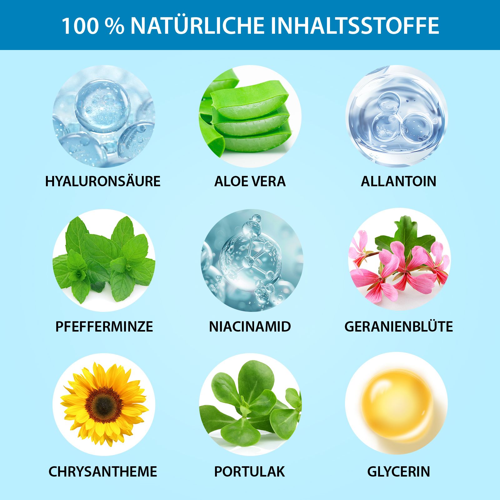 Verschiedene Inhaltsstoffe: Hyaluronsäure, Aloe Vera, Allantoin, Pfefferminze, Niacinamid, Geranienblüte, Chrysantheme, Portulak, Glycerin.