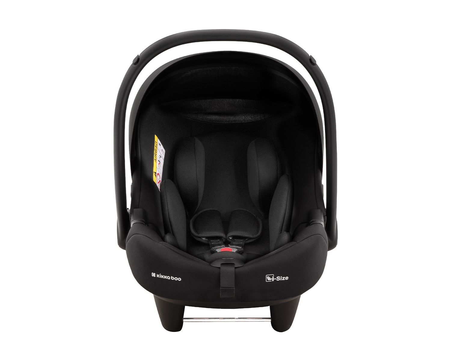 Schwarzer Baby-Autositz mit 5-Punkt-Gurtsystem und Kopfstütze.