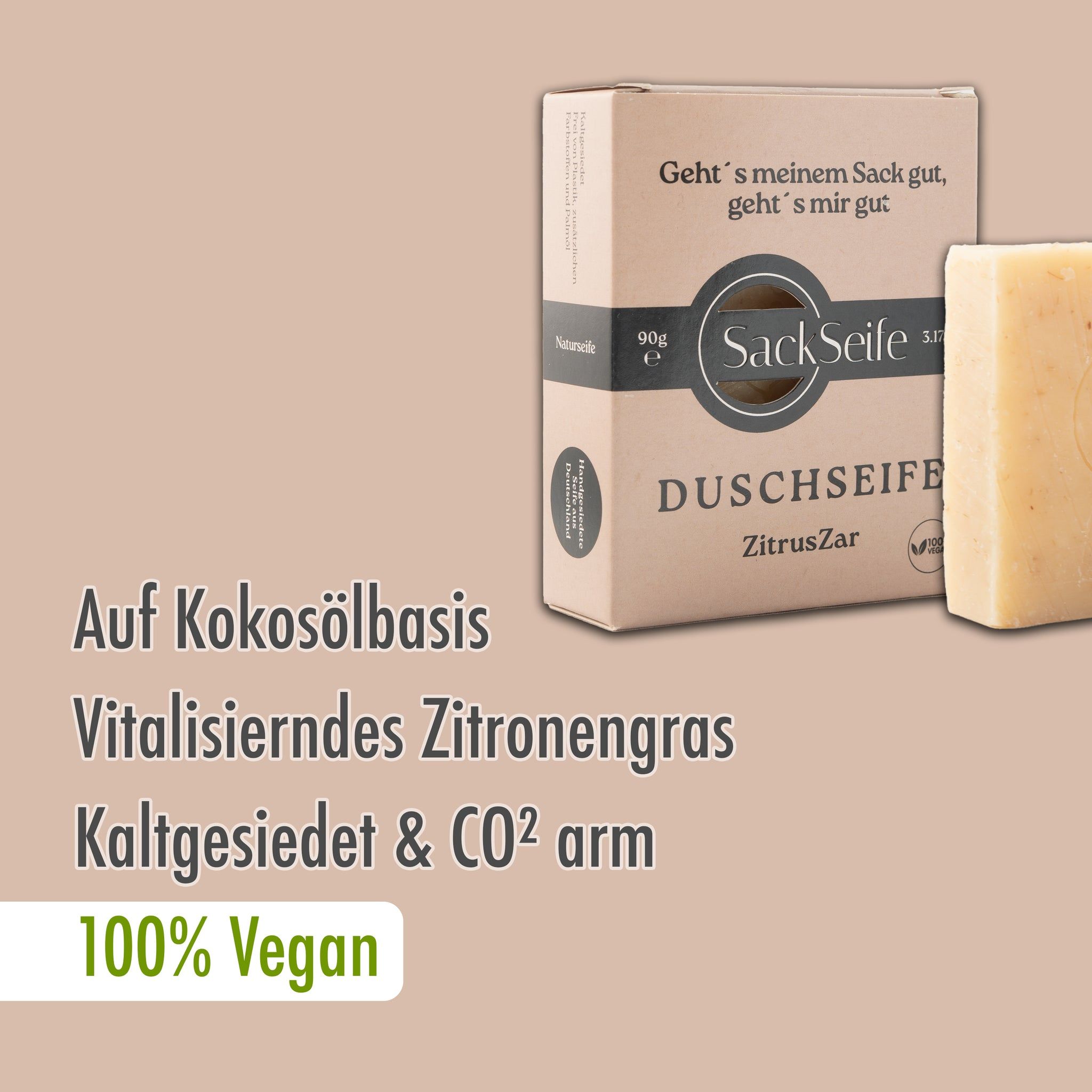 Duschseife ZitrusZar und Verpackung. Eckige Seife, Karton mit Text und Logo. Aufschrift: 100% Vegan.