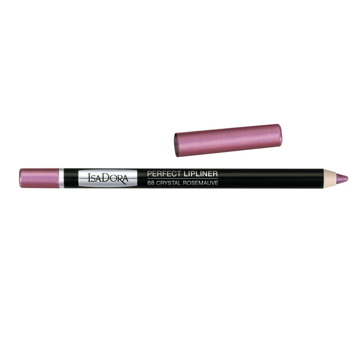 IsaDora Perfect Lipliner, Farbe Crystal Rosemauve. Schwarzer Stift mit rosafarbenem Deckel. Produktname und Marke auf dem Stift.