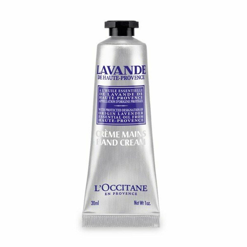 Silberne Tube mit schwarzem Deckel. Aufschrift: Lavande, Crème Mains Hand Cream, L'Occitane. 30ml.