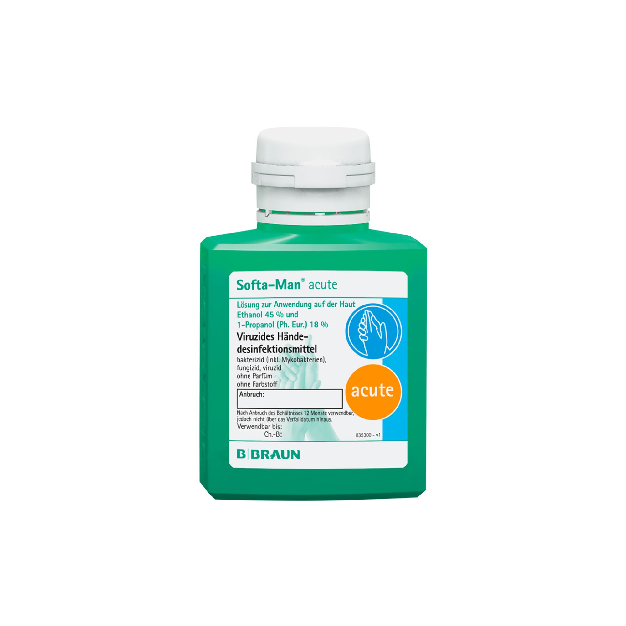 Grüne Flasche mit weißem Verschluss. Aufkleber mit Produktinformationen und dem Schriftzug "Softa-Man acute".