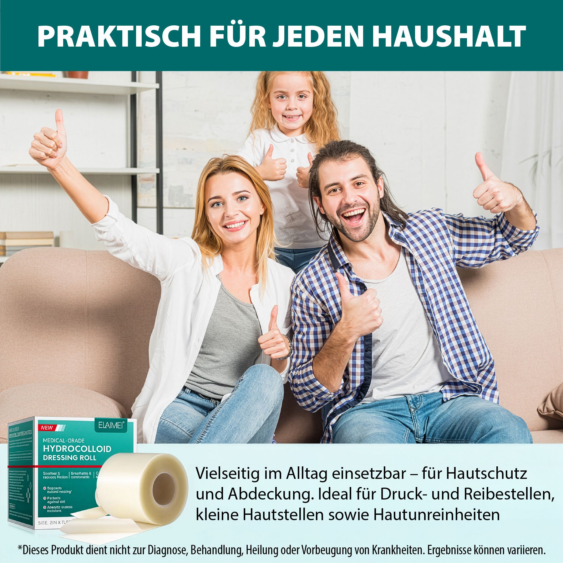 Familie auf dem Sofa. Text: Praktisch für jeden Haushalt. Produktverpackung und Rolle. Anwendung für Hautschutz und kleine Hautstellen.
