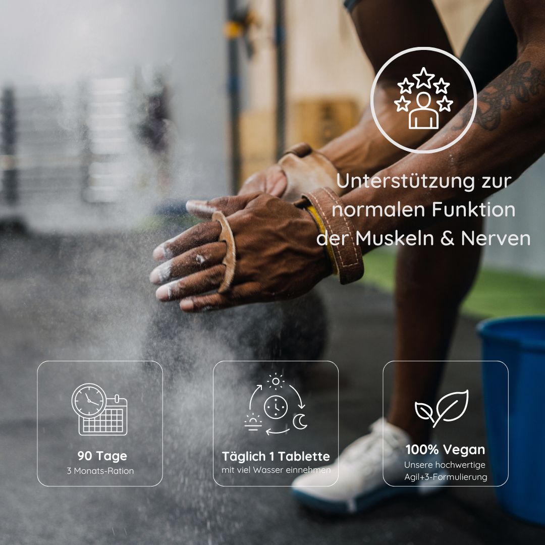 Person trainiert. Text: Unterstützung zur normalen Funktion der Muskeln & Nerven. Icons: 90 Tage, täglich 1 Tablette, 100% Vegan.