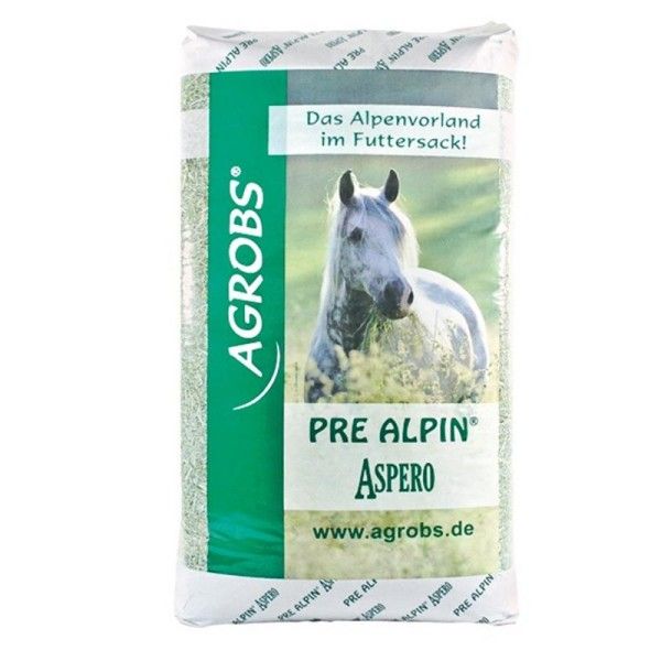 Sack mit Agrobs Pre Alpin Aspero. Abbildung eines Pferdes. Text: Das Alpenvorland im Futtersack! Logo und Website.