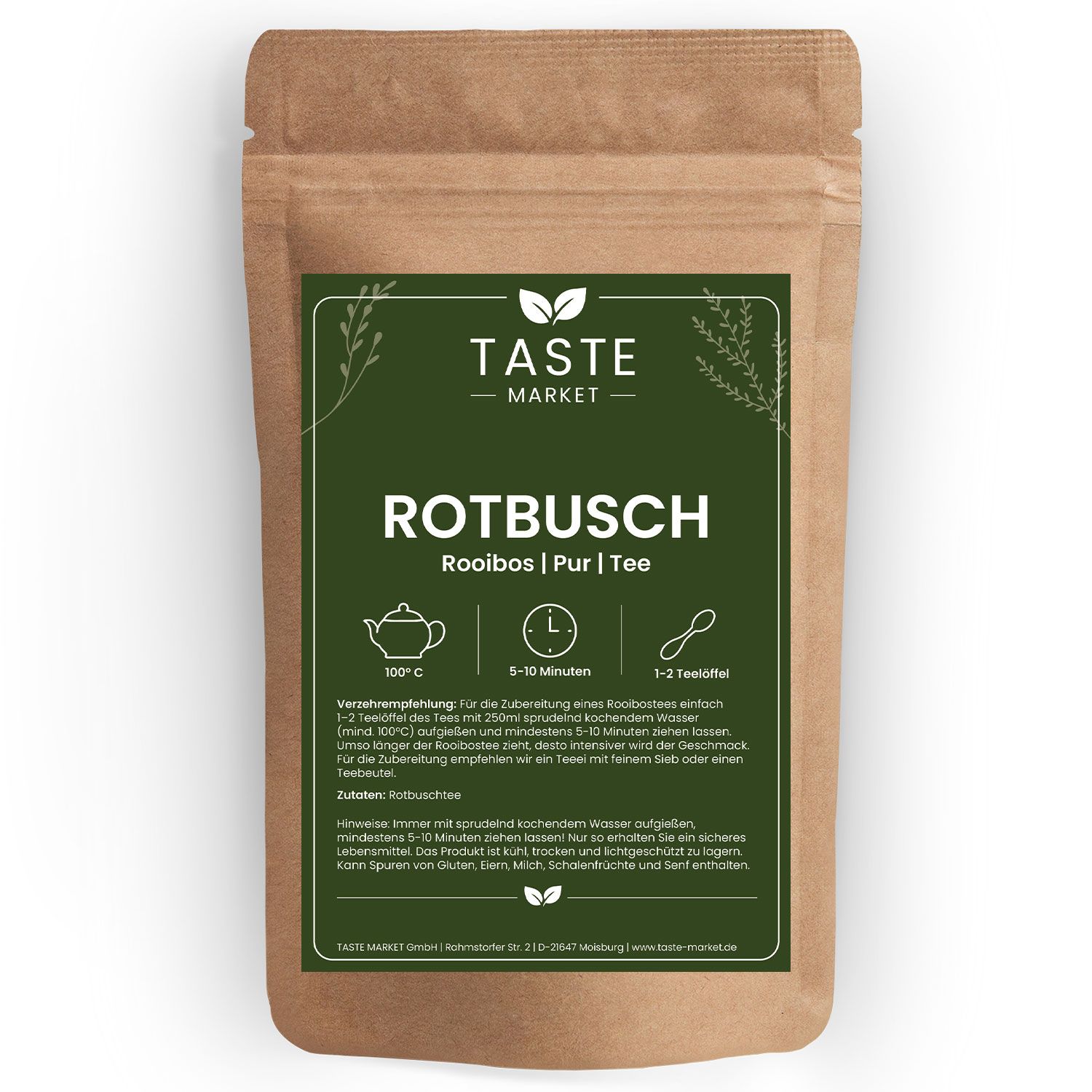 Taste Market Rooibostee in brauner Papiertüte mit grüner Etikettierung, Zubereitungshinweise sichtbar.