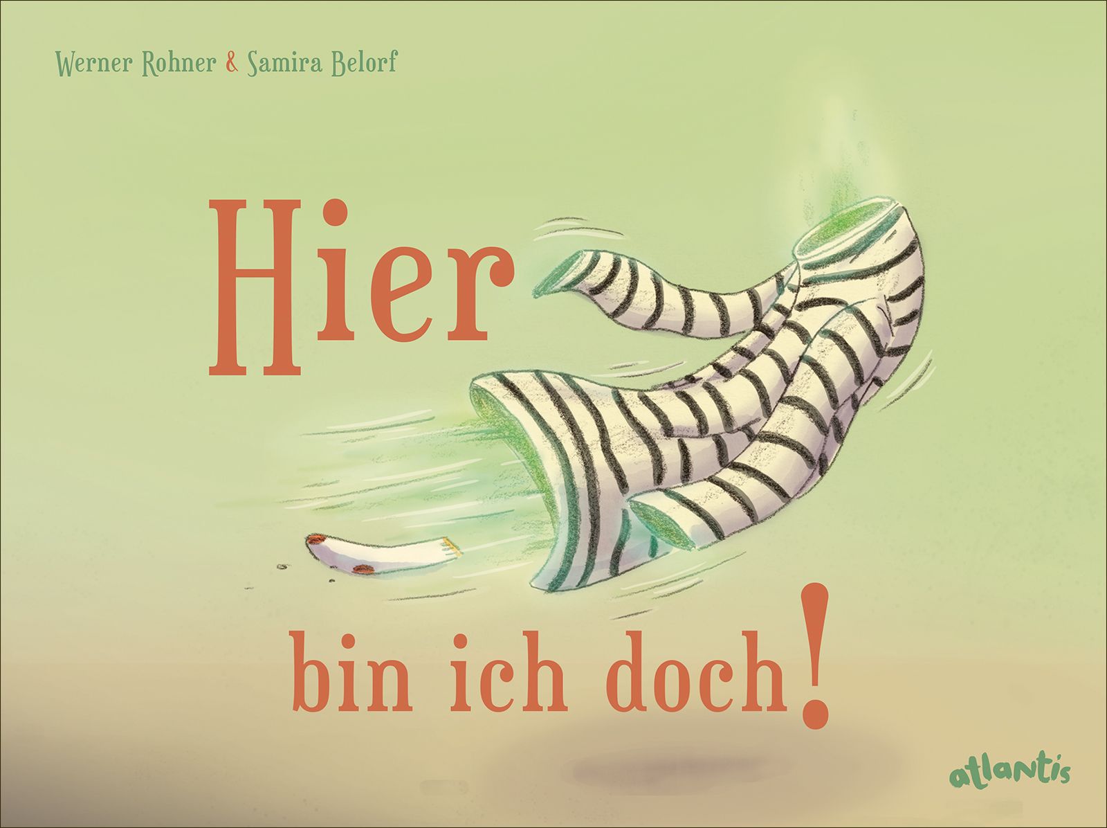Buchcover mit Titel "Hier bin ich doch!". Illustration eines gestreiften Kleidungsstücks, das sich bewegt. Autoren: Werner Rohner & Samira Belorf.