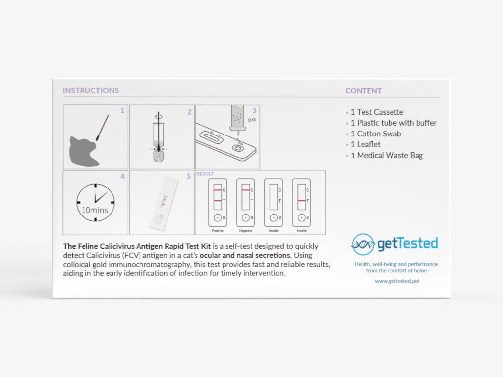 Verpackung mit Abbildungen und Text. Enthält Testkassette, Röhrchen, Wattestäbchen, Beipackzettel und medizinischen Abfallbeutel.