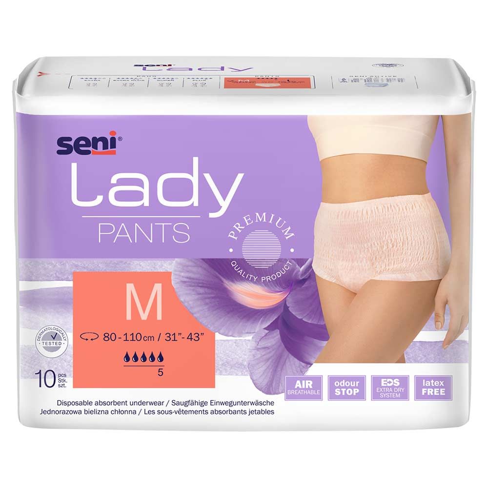 Verpackung Seni Lady Pants M. Größe M, 80-110cm. 10 Stück. Mit Qualitätszeichen. Produktabbildung.