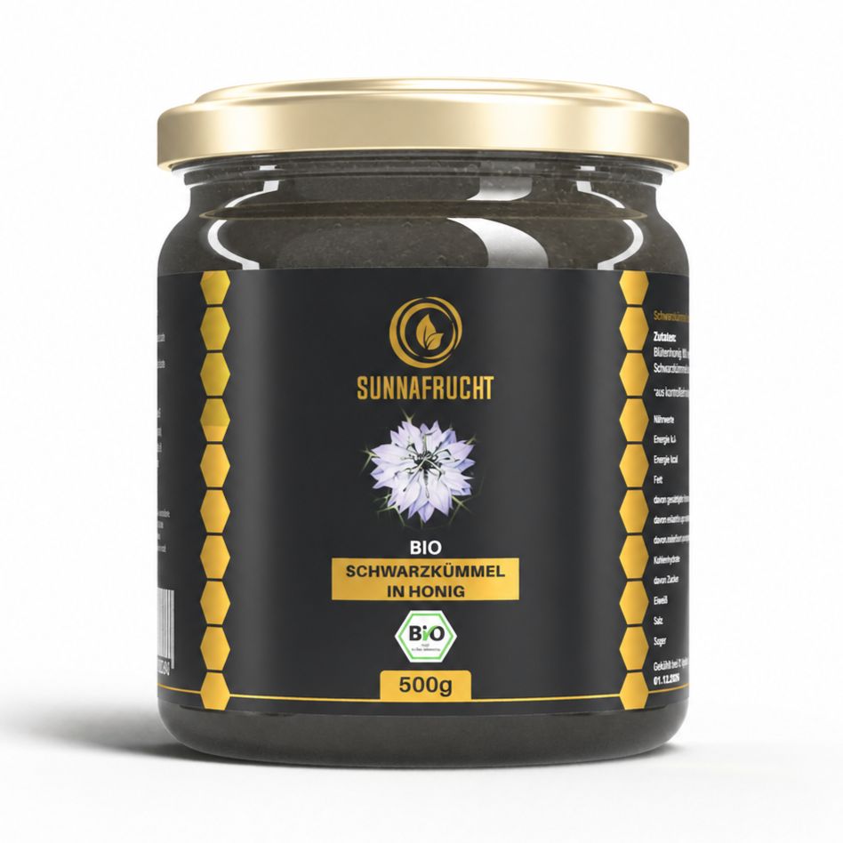 Glas SUNNAFRUCHT® BIO Schwarzkümmel in Honig, 500g.