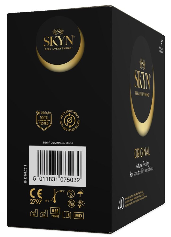 Schwarze Verpackung mit SKYN-Logo und Produktbezeichnung. Enthält 40 Kondome. Aufschrift: Original, Natural Feeling.