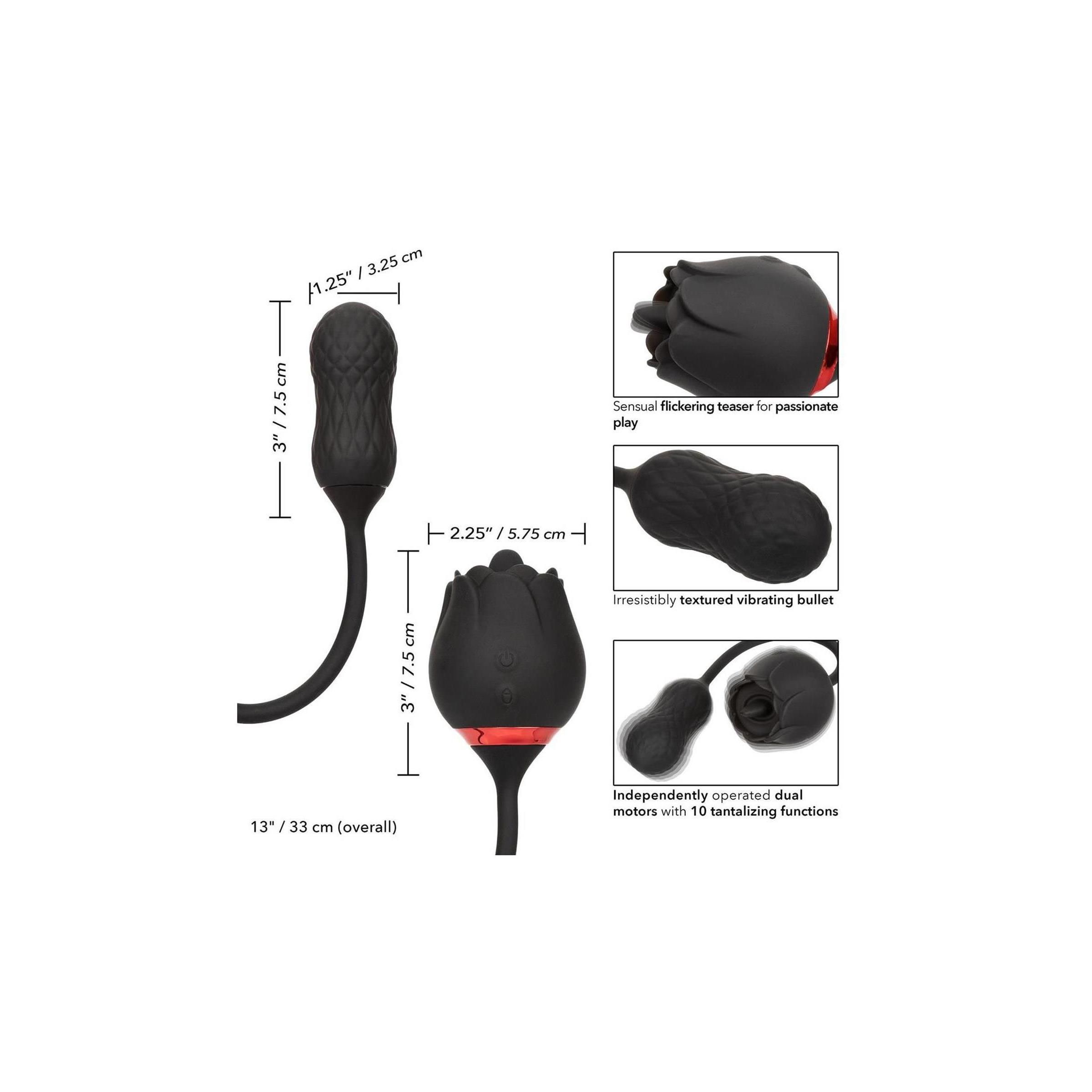Schwarzes Wellness-Produkt mit Maßen. Gezeigt werden ein Teaser, ein Vibrationskugel und ein Produkt mit Rosenform.