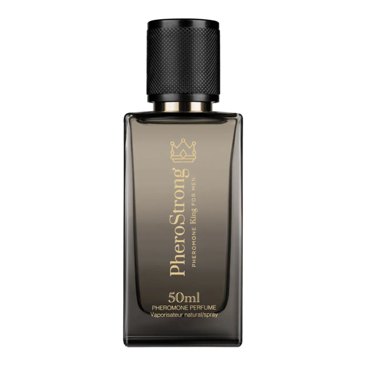 Dunkelgraue Parfümflasche mit schwarzem Verschluss. Rechteckige Form. Goldener Schriftzug und Logo. 50ml.