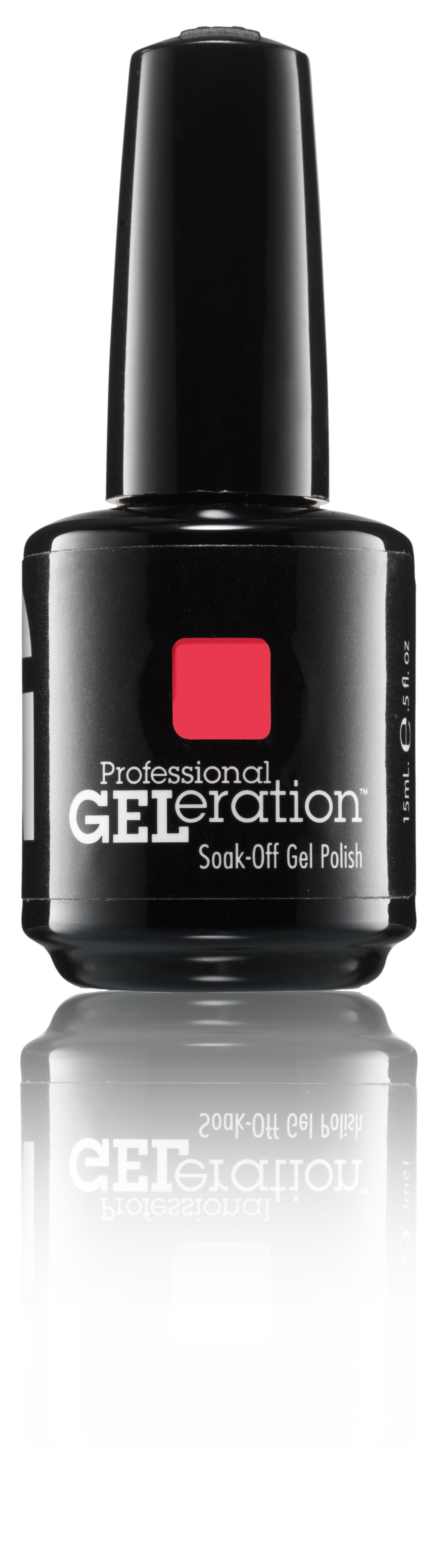 Schwarze Flasche mit rotem Quadrat. Aufschrift: GELeration Soak-Off Gel Polish. Volumen: 15 ml.