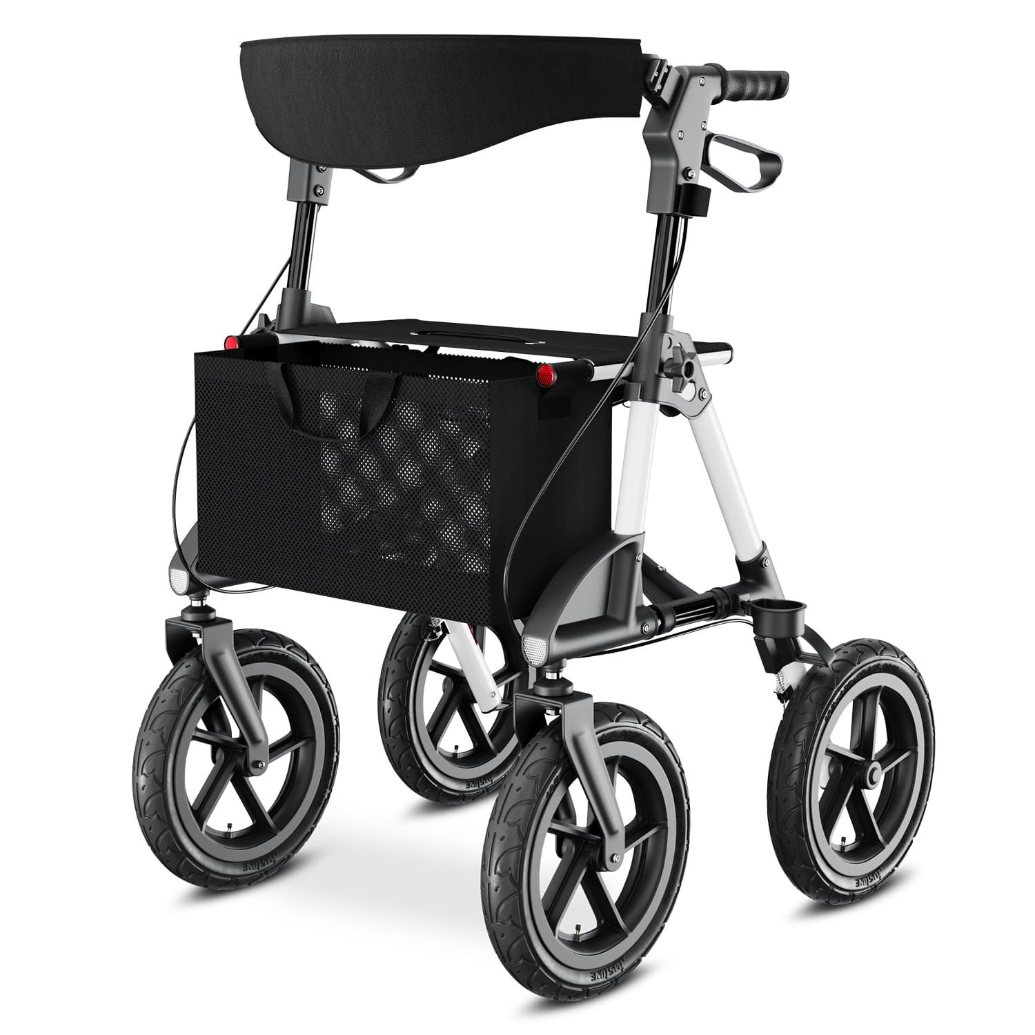 Rollator mit vier Rädern, schwarzem Korb und Sitzfläche. Höhenverstellbar, mit feststellbaren Bremsen.