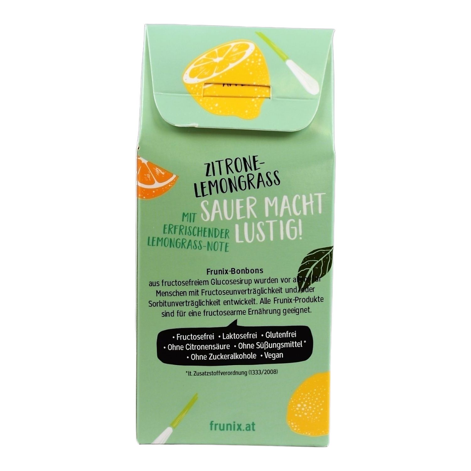 Frunix Bonbons Verpackung. Text: Zitrone-Lemongrass, Sauer macht lustig! Mit erfrischender Lemongrass-Note. Ohne Fructose.