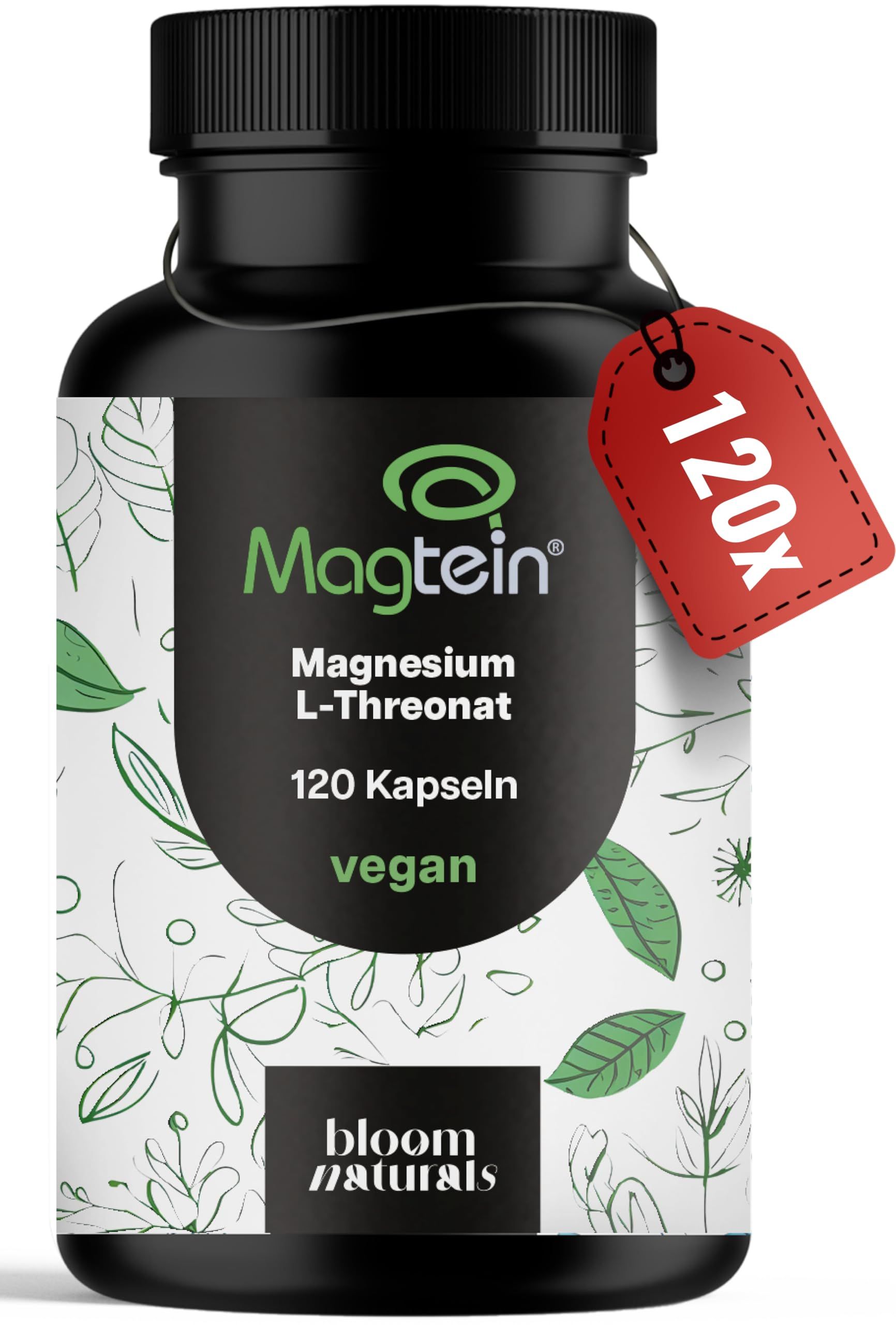 Magnesium L-Threonat Kapselbehälter, 120 Kapseln, vegan, mit rotem 120x Anhänger.