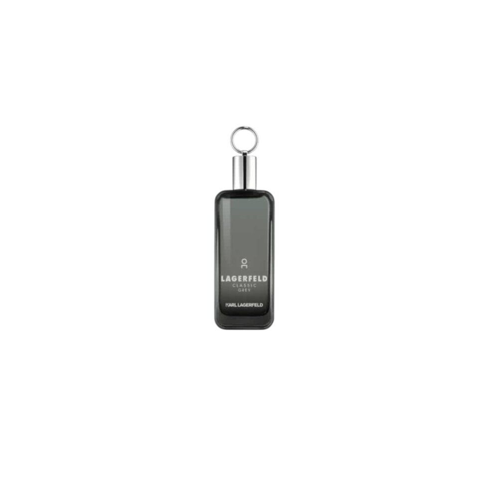Karl Lagerfeld Classic Grey Eau de Toilette Flakon. Grauer Glasflakon mit silbernem Verschluss und Ring.