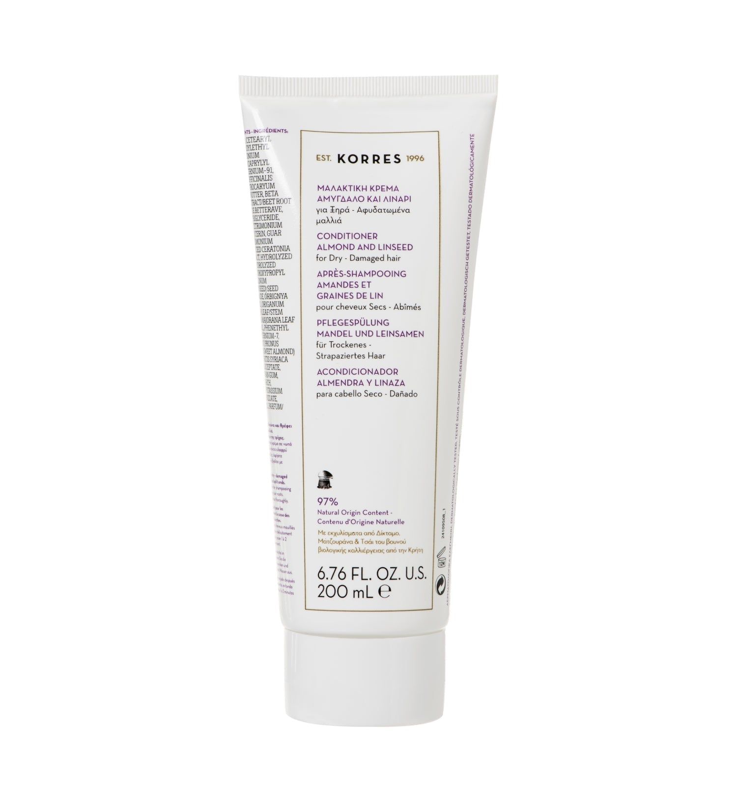 KORRES Pflegespülung. Weiße Tube mit lila Schrift. Text: Conditioner Almond & Linseed. 200 ml.