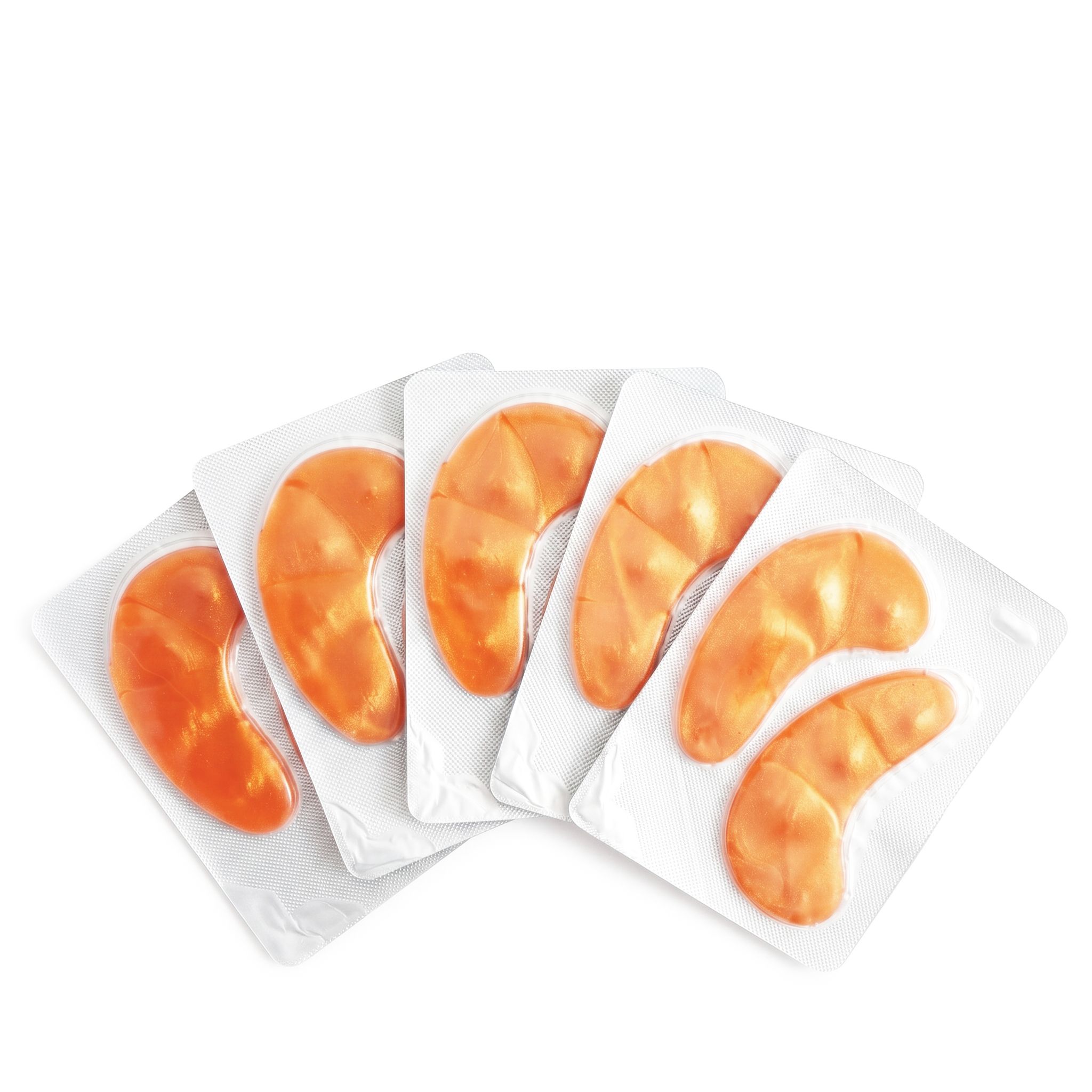 Fünf einzelne Packungen mit je zwei orangefarbenen Hydrogel-Augenpads.
