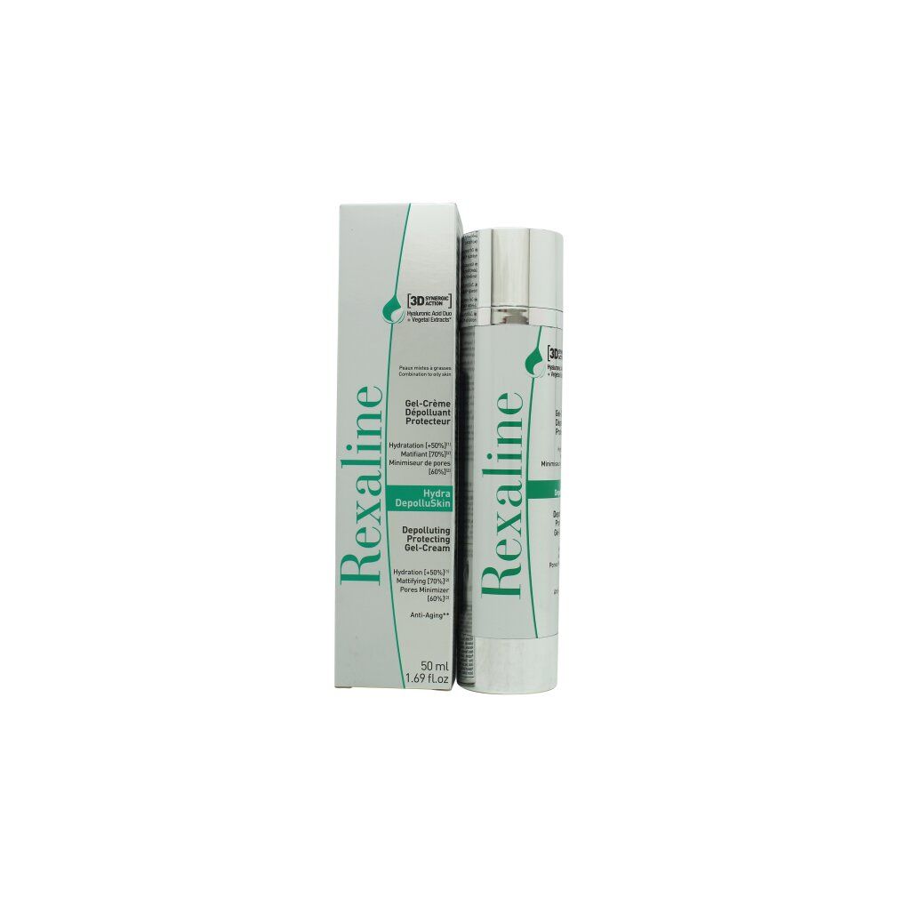 Creme-Flasche und Schachtel. Weiß mit grüner und schwarzer Beschriftung. Marke Rexaline. Text: Gel-Creme, Hydra, Anti-Age.
