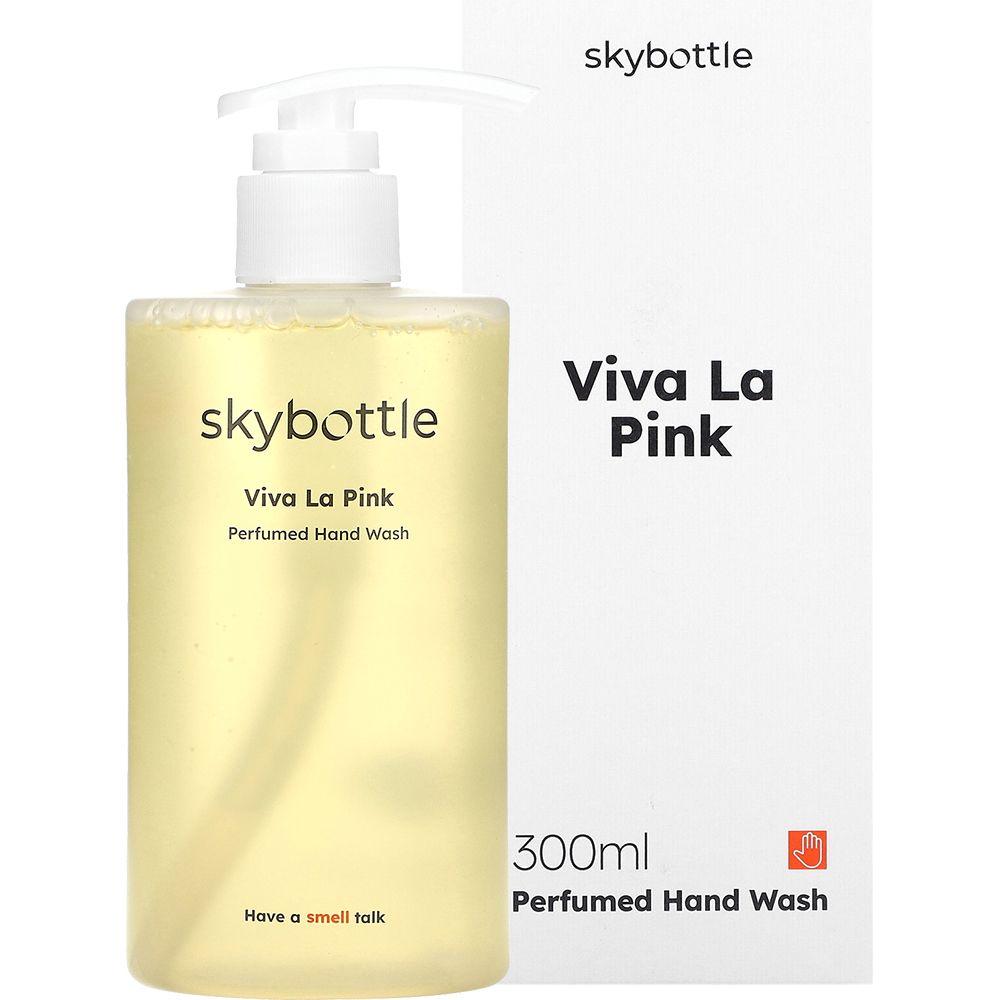 Flüssigseife mit Verpackung. Aufschrift: SKYBOTTLE, Viva La Pink, Perfumed Hand Wash, 300ml. Text: Have a smell talk. Verpackung mit Produktnamen.