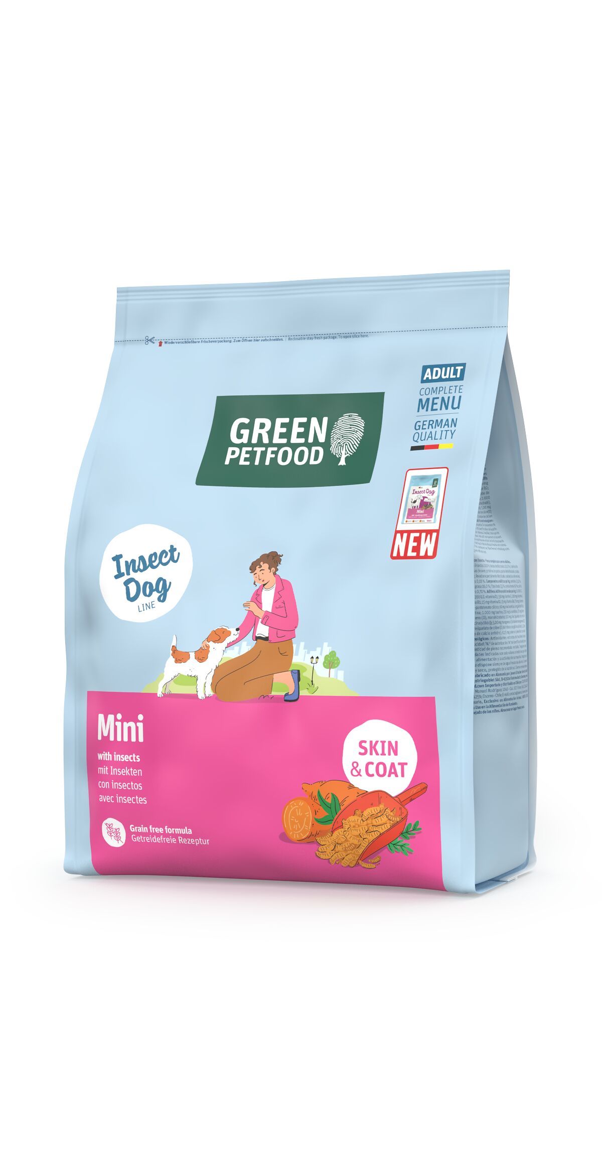Hellblaue Tüte mit Aufdruck. "Green Petfood"-Logo. "Insect Dog Line" und "Mini" auf rosa Feld. Abbildung eines Hundes.