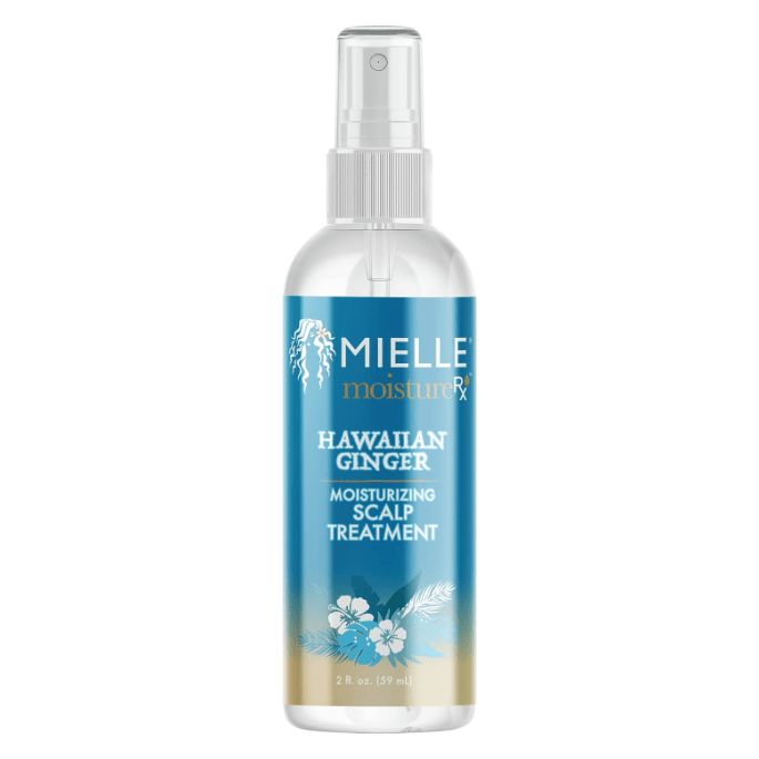 Transparente Flasche mit Sprühkopf. Auf dem Etikett steht "Mielle Moisture RX Hawaiian Ginger Moisturizing Scalp Treatment".