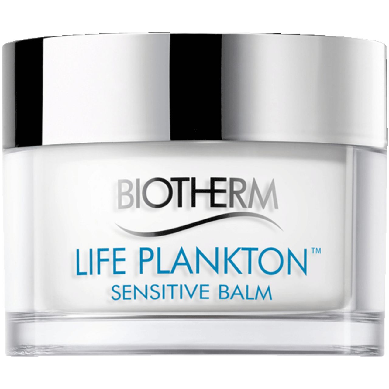 Cremebehälter mit Deckel. Aufschrift: BIOTHERM LIFE PLANKTON SENSITIVE BALM. Weißes Produkt in einem Glas.