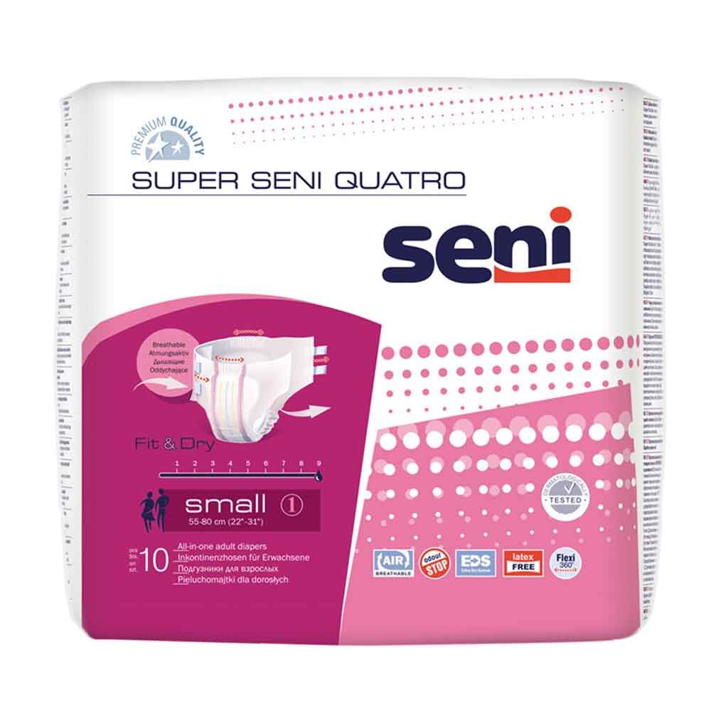 Verpackung Super Seni Quatro, weiß-rosa, mit Produktabbildung und Größenangabe.