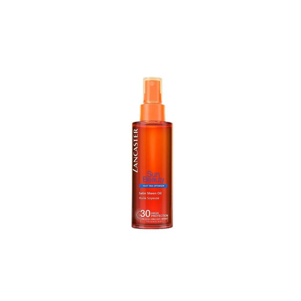Flasche mit Zerstäuber. Text: Lancaster, Sun Beauty, Satin Dry Oil SPF30. Auf weißem Hintergrund.
