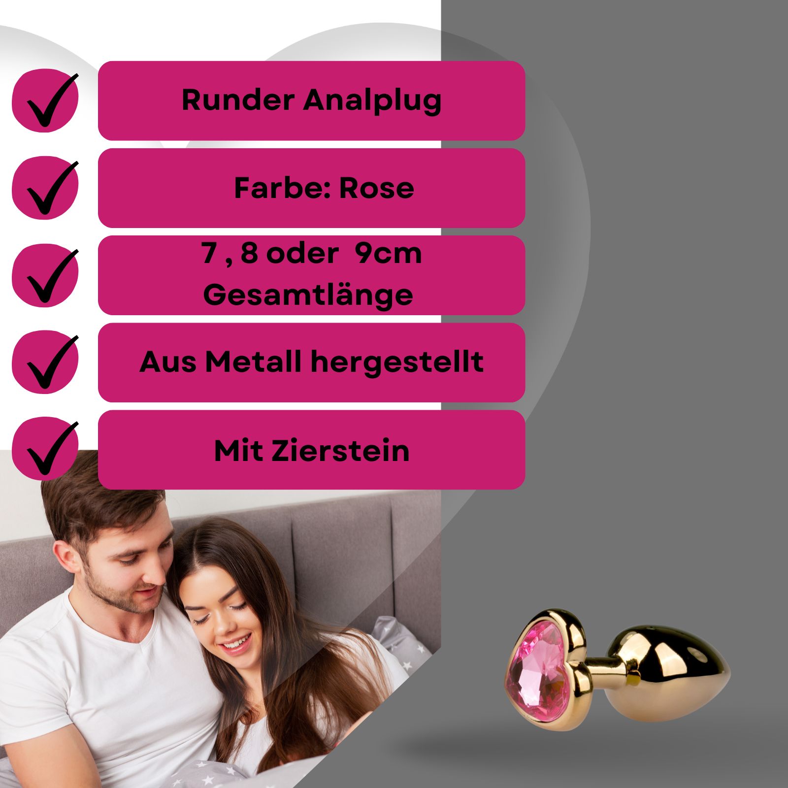 Produktabbildung mit Text: runder Analplug, Farbe: Rose, 7,8 oder 9cm, aus Metall, mit Zierstein. Paar im Bett.