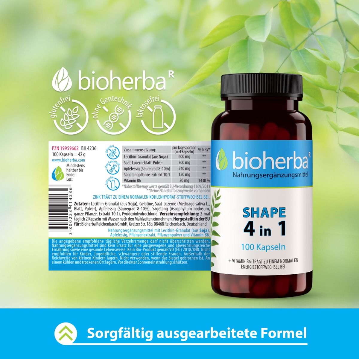 Braune Flasche mit Kapseln. Aufschrift: Bioherba Shape 4 in 1, 100 Kapseln. Text und Zutatenliste auf der Rückseite.