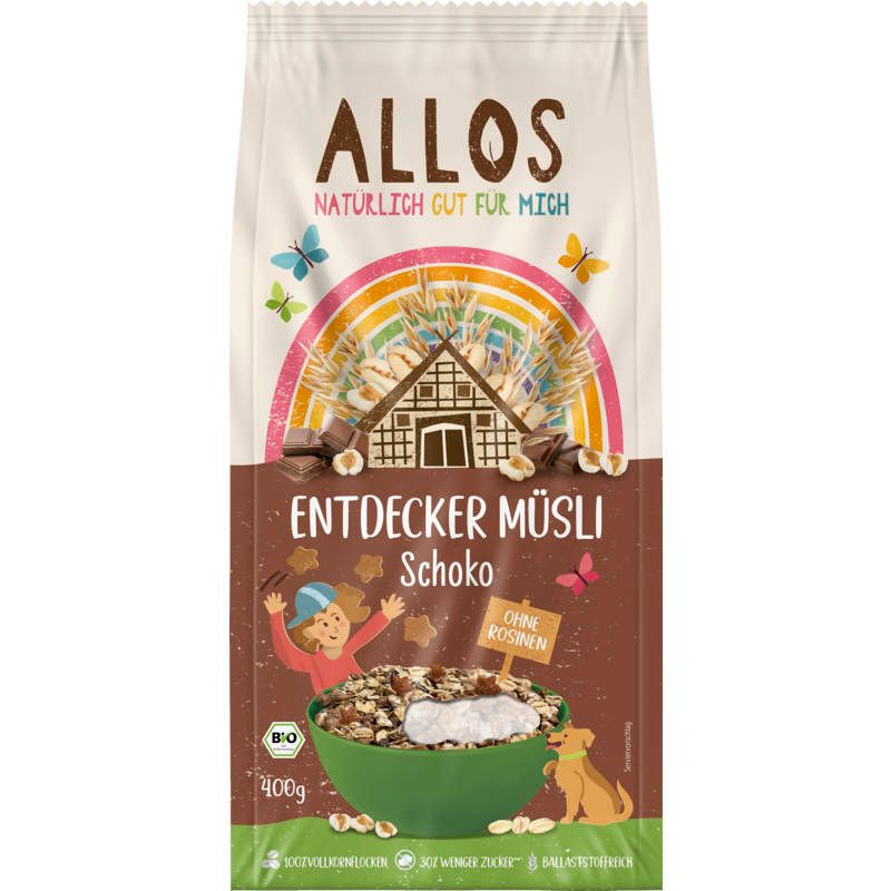 Verpackung mit Müsli. Aufschrift: ALLOS, Entdecker Müsli Schoko. Enthält keine Rosinen. Bio-Siegel. 400g.