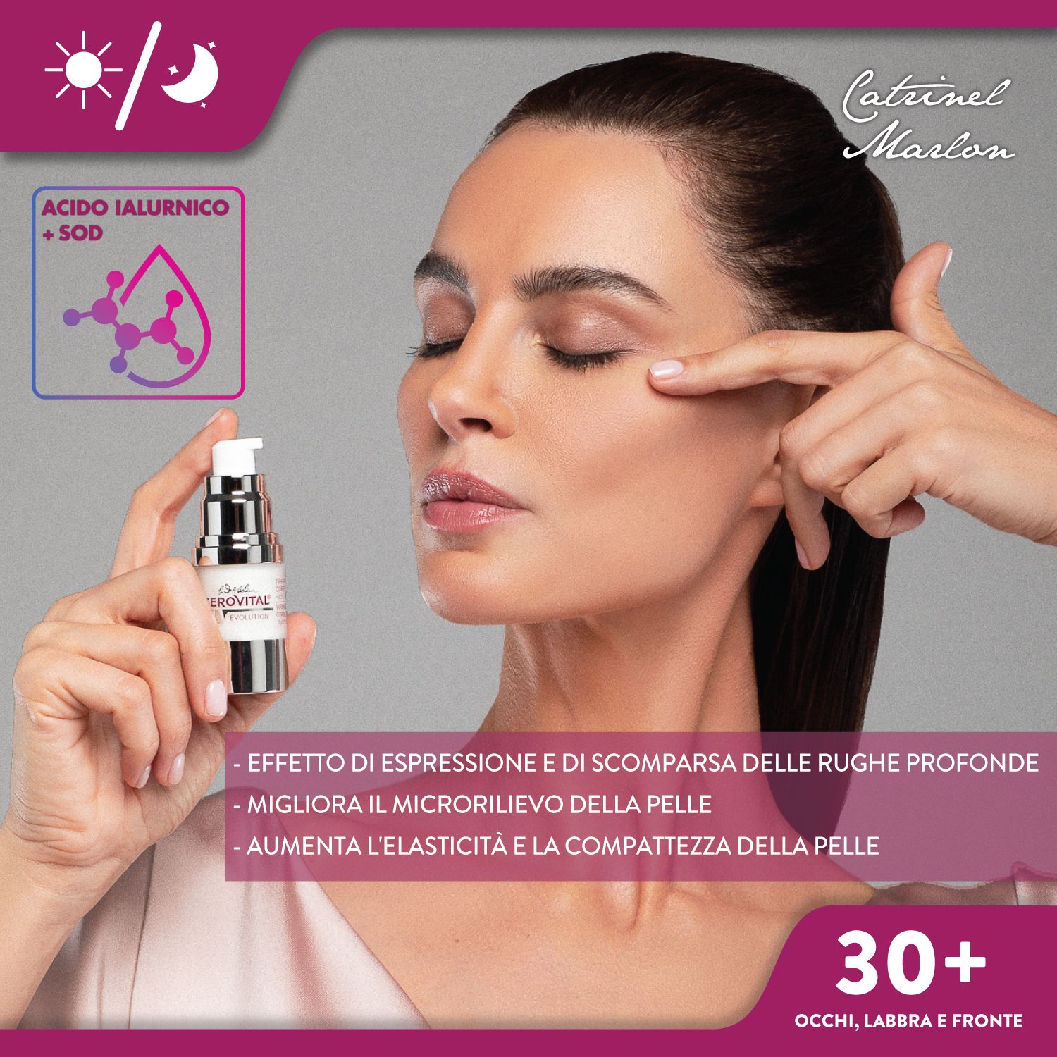 Frau mit Gerovital-Serum. H3 Evolution. Rosa Haut. Text: 30+ Augen, Lippen, Stirn. Acido Ialuronico + SOD.